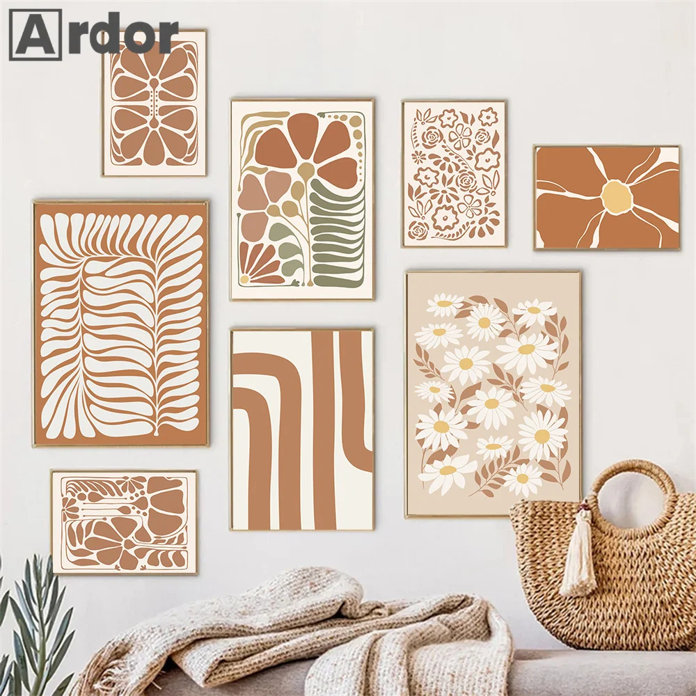 Boho Burnt Orange Neutral Abstract Botanical Flower Minimalist Earth Tone Wall Art Poster Prints Canvas Painting Home Room Decor