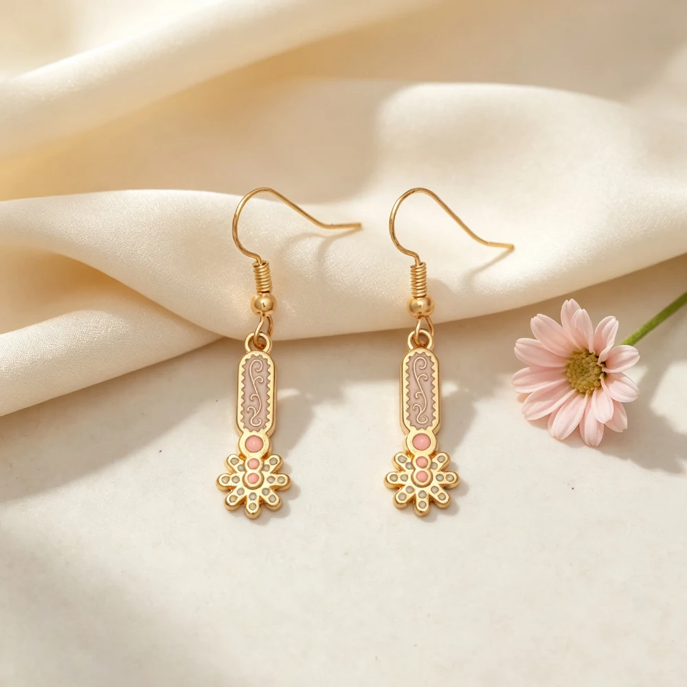 Gold-edged pink enamel daisy long earrings, vintage gentle sweet style, versatile for daily commuting, women's dangling earrings