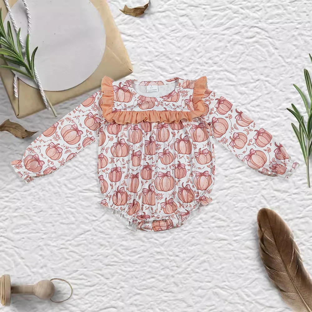 

Thanksgiving Day Long Sleeve Bubble Winter Romper Girls Clothing Wholesale RTS Western Boutique Pumpkin Leaf Orange Ruffle