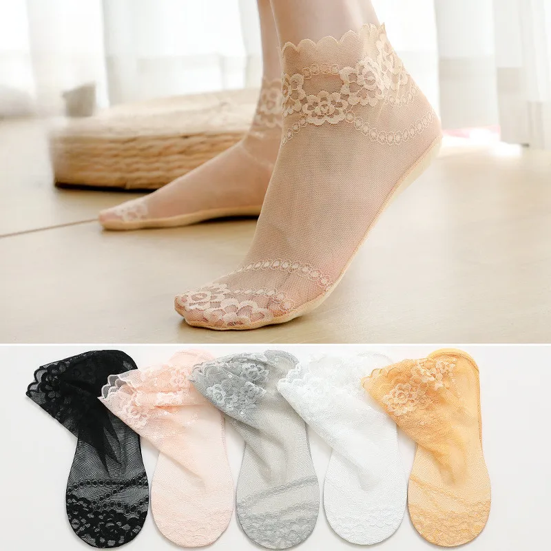 Summer Mesh Breathable Thin Elastic Cotton Base Short Socks Women Sexy Floral Pattern Transparent Invisible Ruffle-edge Socks