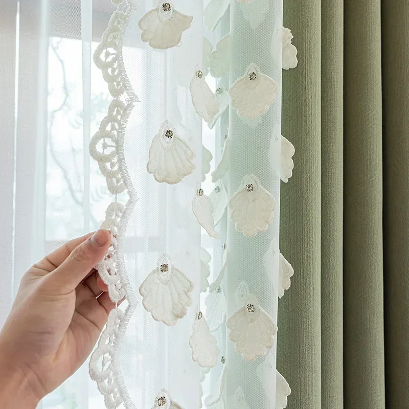 Simple Chenille Light Luxury Green Curtain For Bedroom And Living Room White Lace Patchwork Blackout Cloth Jacquard Tulle Custom