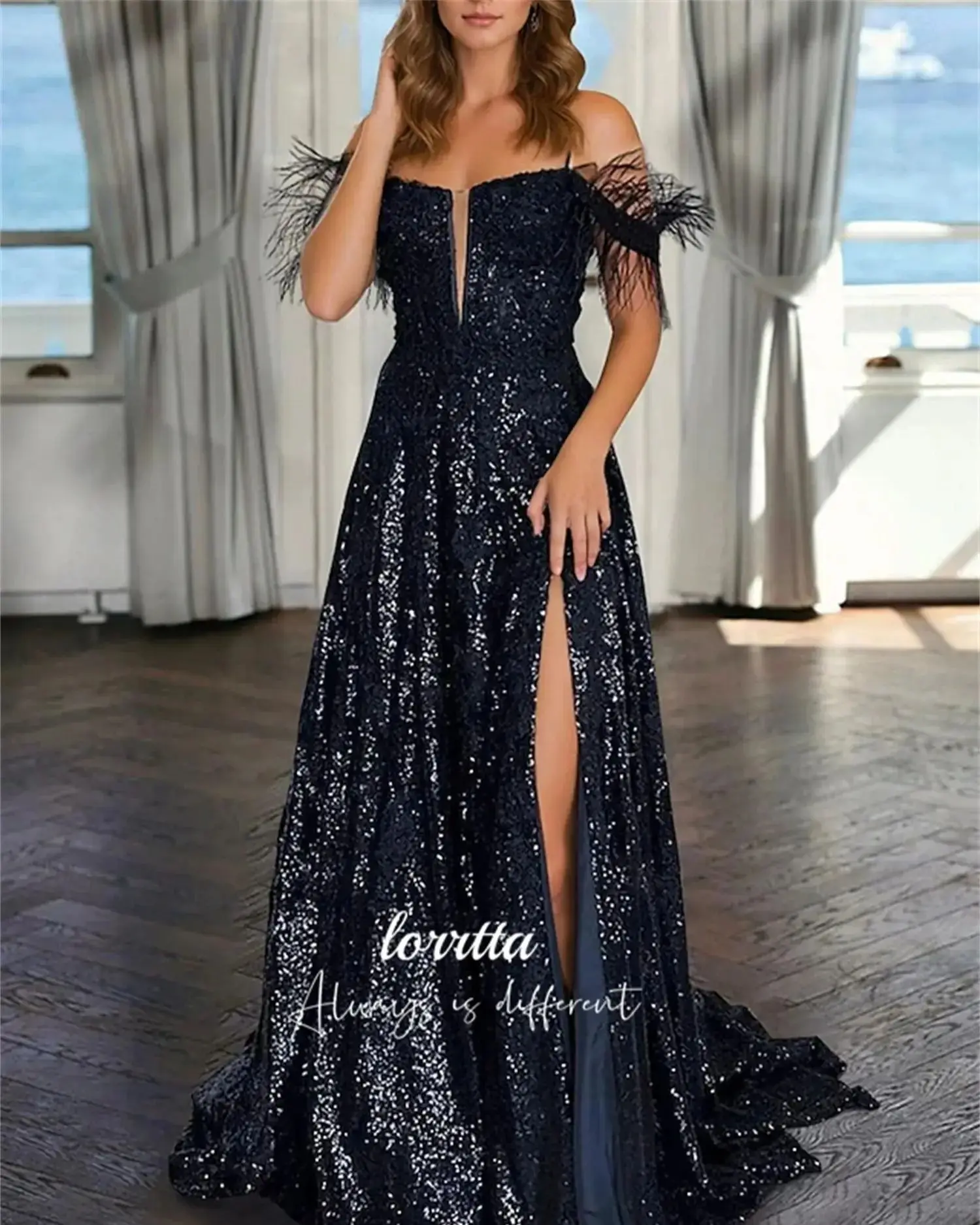 Lorrtta Feather Decoration Line A Ball Gown Evening Dress Sequined Fabric Elegant Party Dresses 2024 for Wedding Prom Cocktail