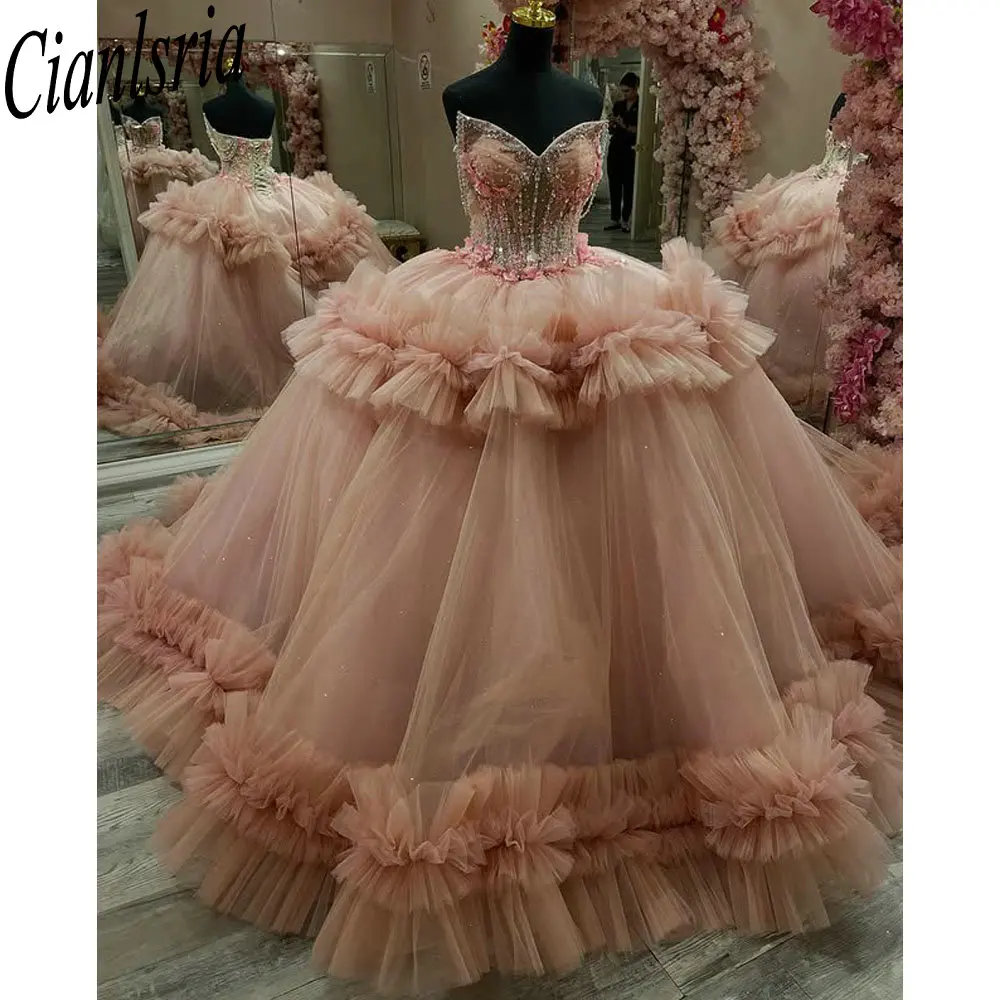 

Розовое милое тюлевое платье без рукавов со складками Quinceanera, бальное платье, роскошное платье с бисером и кристаллами, Sweet 15 Años, мексиканское индивидуальное платье