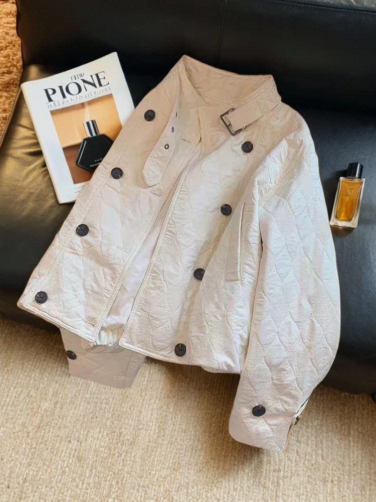 

Легкая хлопковая куртка женская повседневная с двойной планкой на пуговицах, воротником-стойкой и ромбовидным узором, осенне-зимняя верхняя одежда