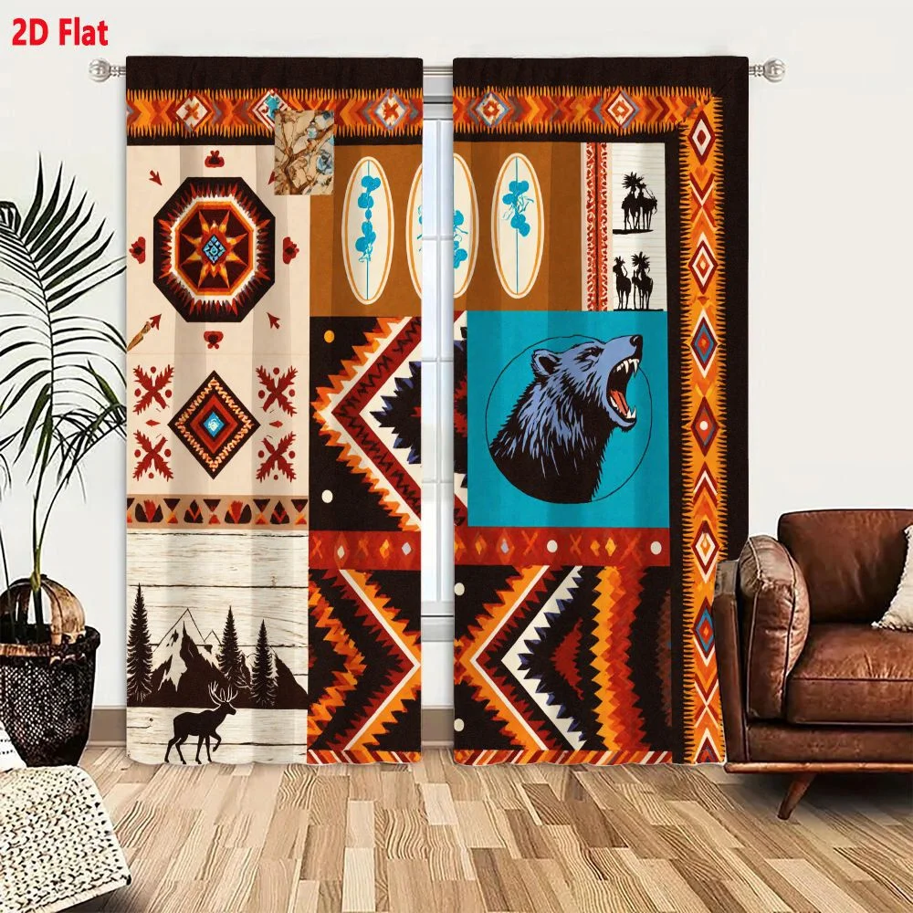 2Pcs Curtains 2D Flat Native American Wilderness Collage Quilt Fabric Pattern With Geometric Shapes Mountain Deer Bear Moose Nat