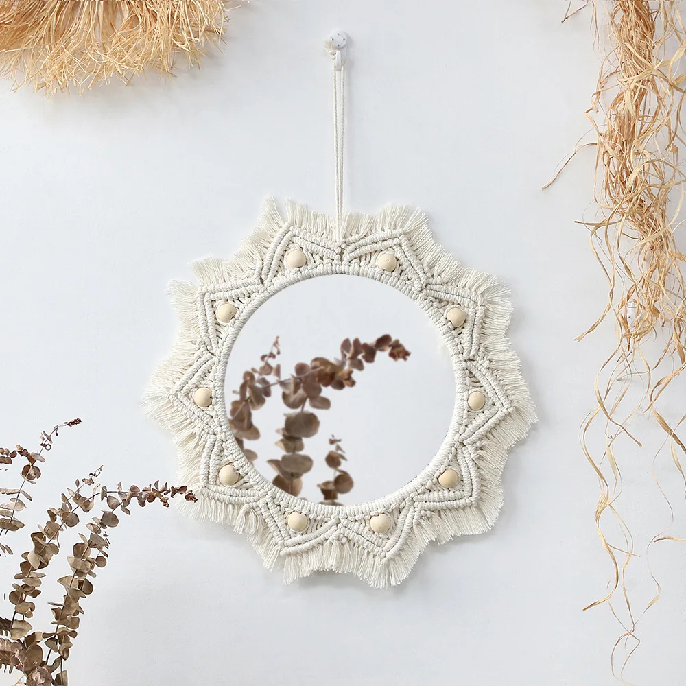 Macrame Wall Mirror Boho Round Mirrors Art Home Room Decor for Apartment Living Room Bedroom Baby Christmas Decoration Gift