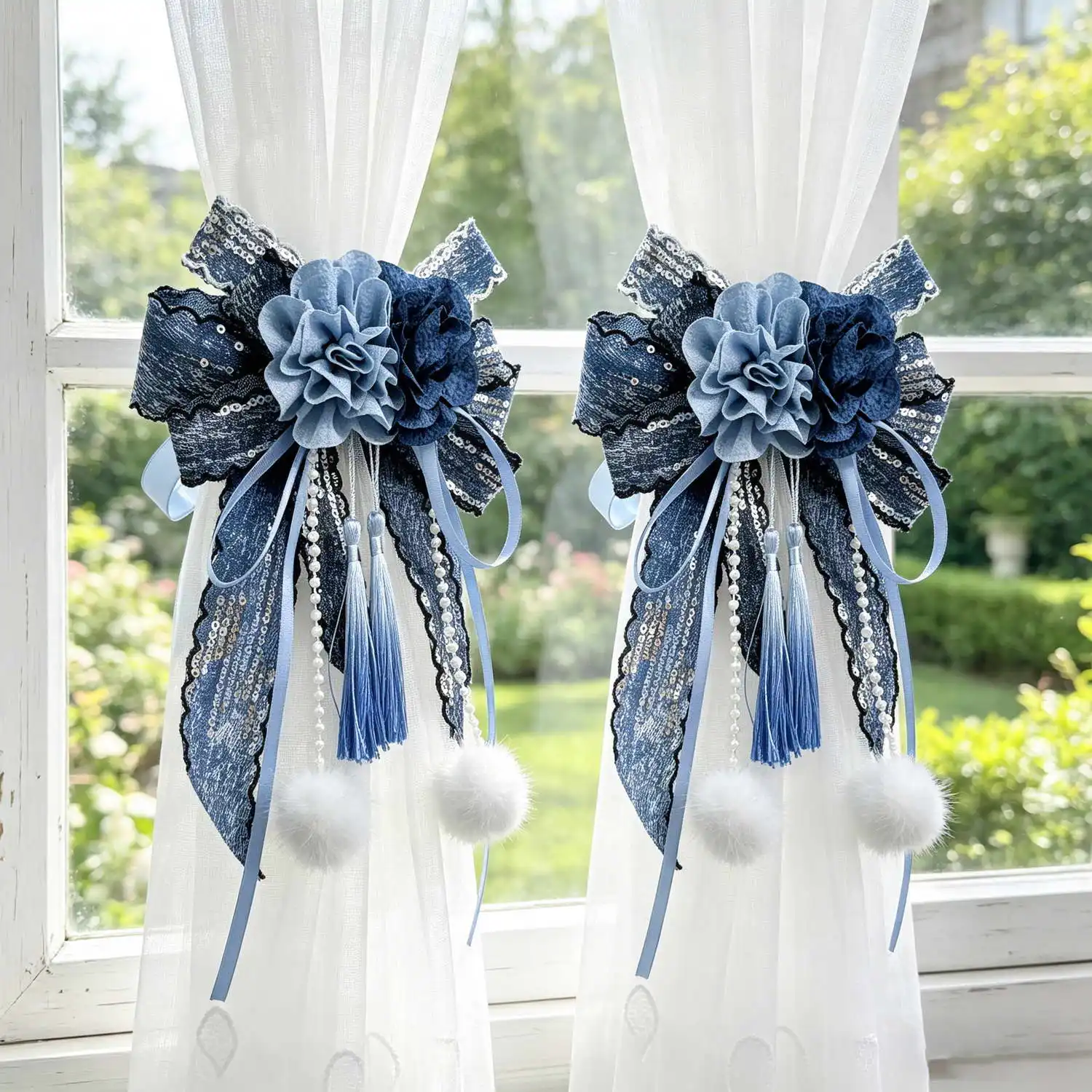 

One Pair American Luxury Blue Bandages for Living Room Curtain, Tiebacks With Floral Bow for Window Drape Home Decoration