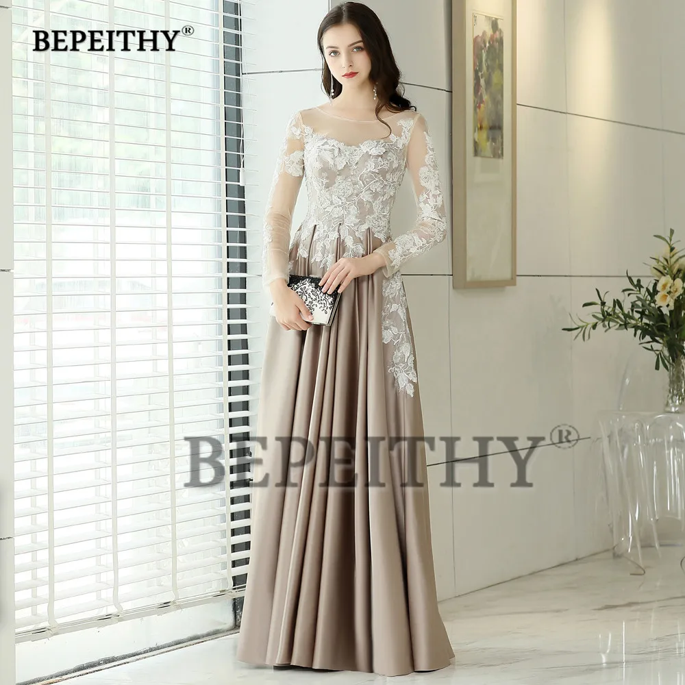 BEPEITHY Customized Full Sleeves Evening Dresses For Women O-neck Lace Appliques Prom Vestido De Noche A-line Satin Gowns Female