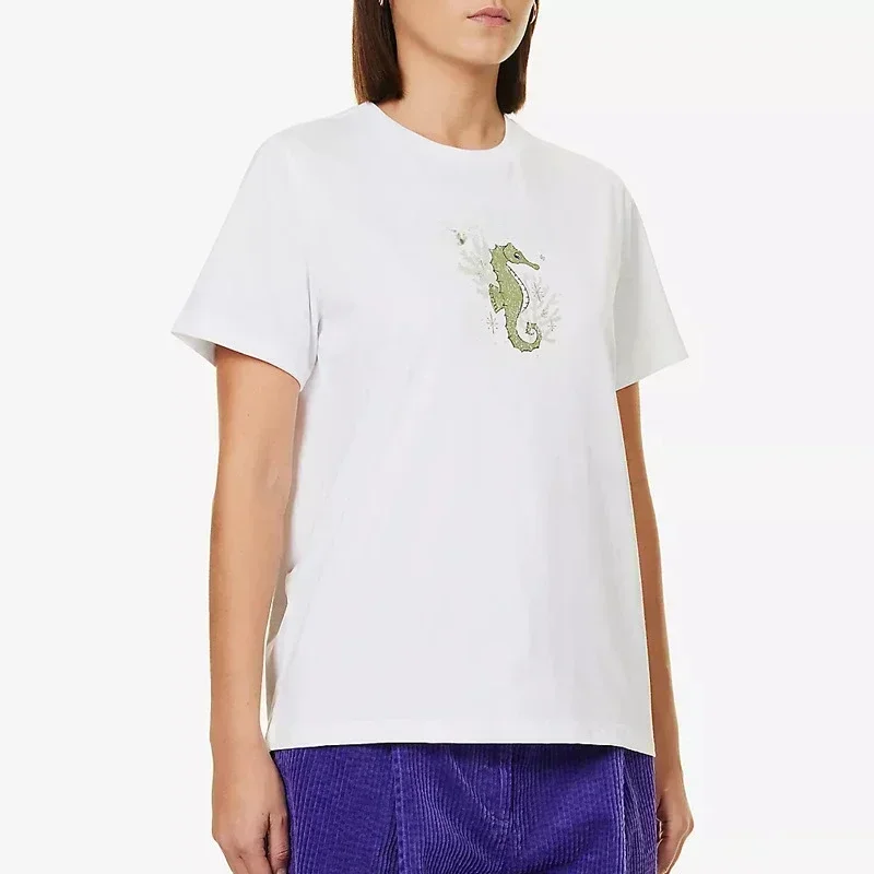 In Stock! Denmark 2024 spring/summer new Seahorse logo letter pattern printed cotton round neck short-sleeved T-shirt