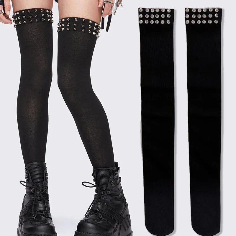 Modische Damen Elastische Lange Socken Punk Spike Nieten Dekor Schwarz Überkniestrümpfe Y2K Streetwear Kniehohe Strümpfe