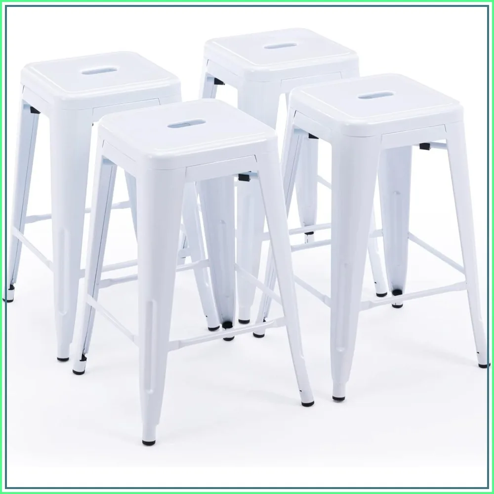 24 Inch Metal Bar Stools Set of 4, Stackable Indoor Outdoor White