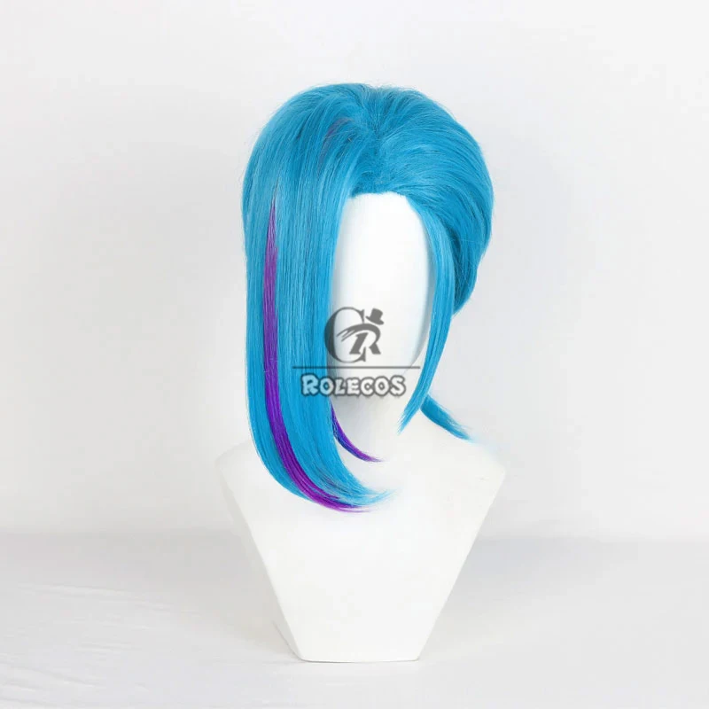 ROLECOS Capelli sintetici Gioco LOL Arcane Stagione 2 Jinx Parrucche Cosplay Jinx Halloween 45 cm Lungo Blu Misto Viola Parrucca Capelli sintetici