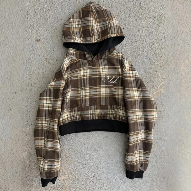 2026 Herbst Winter Damen Vintage Wendbare Karierte Kapuzenjacke Übergroßer Doppelseitiger Streetwear Langarm-Pullover Sweatshirt – Detail 10