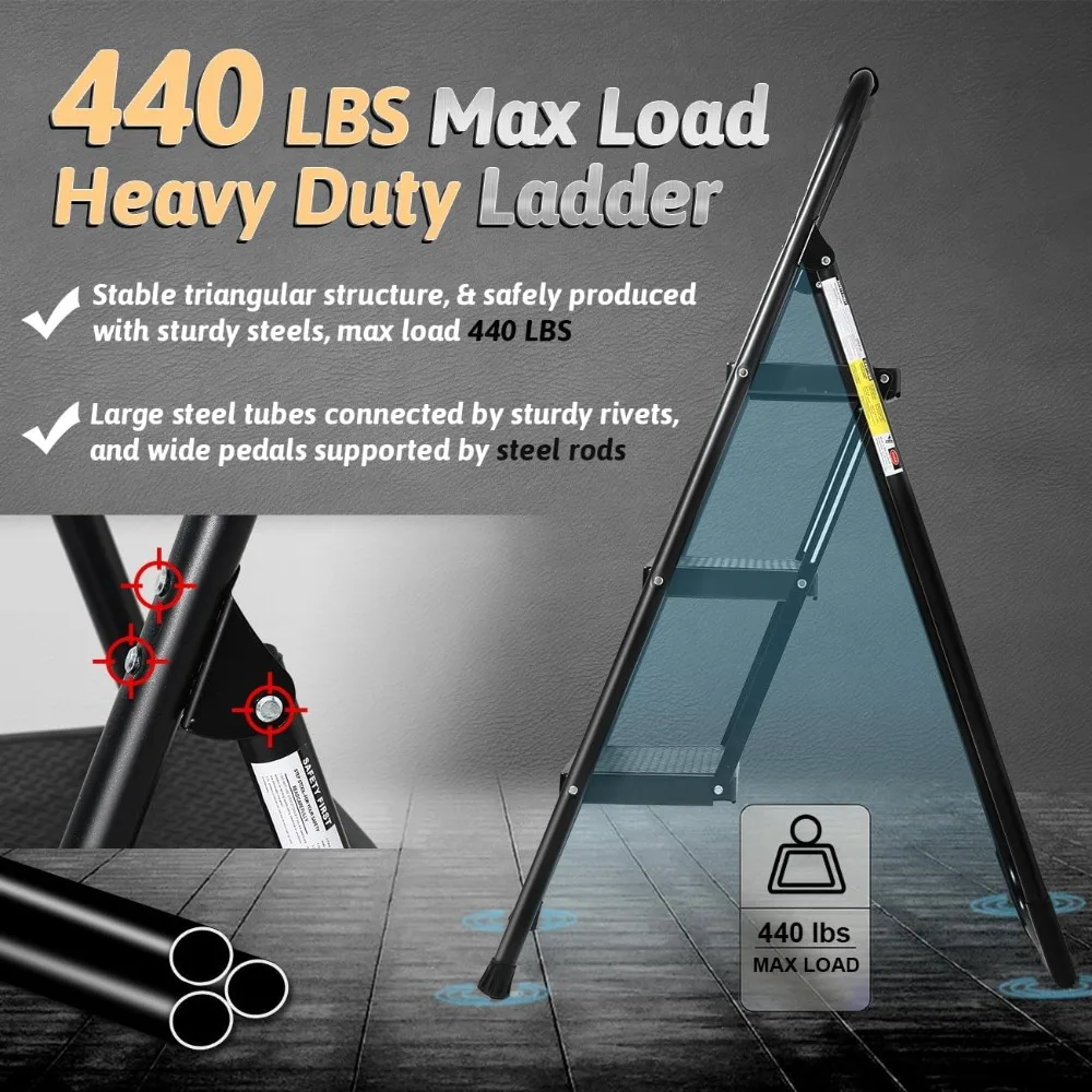 Step Ladder 3 Step Folding with Handgrip, Heavy Duty 440Lbs Load Step Stools for Adults, Safer Ladder for Home/Kitchen