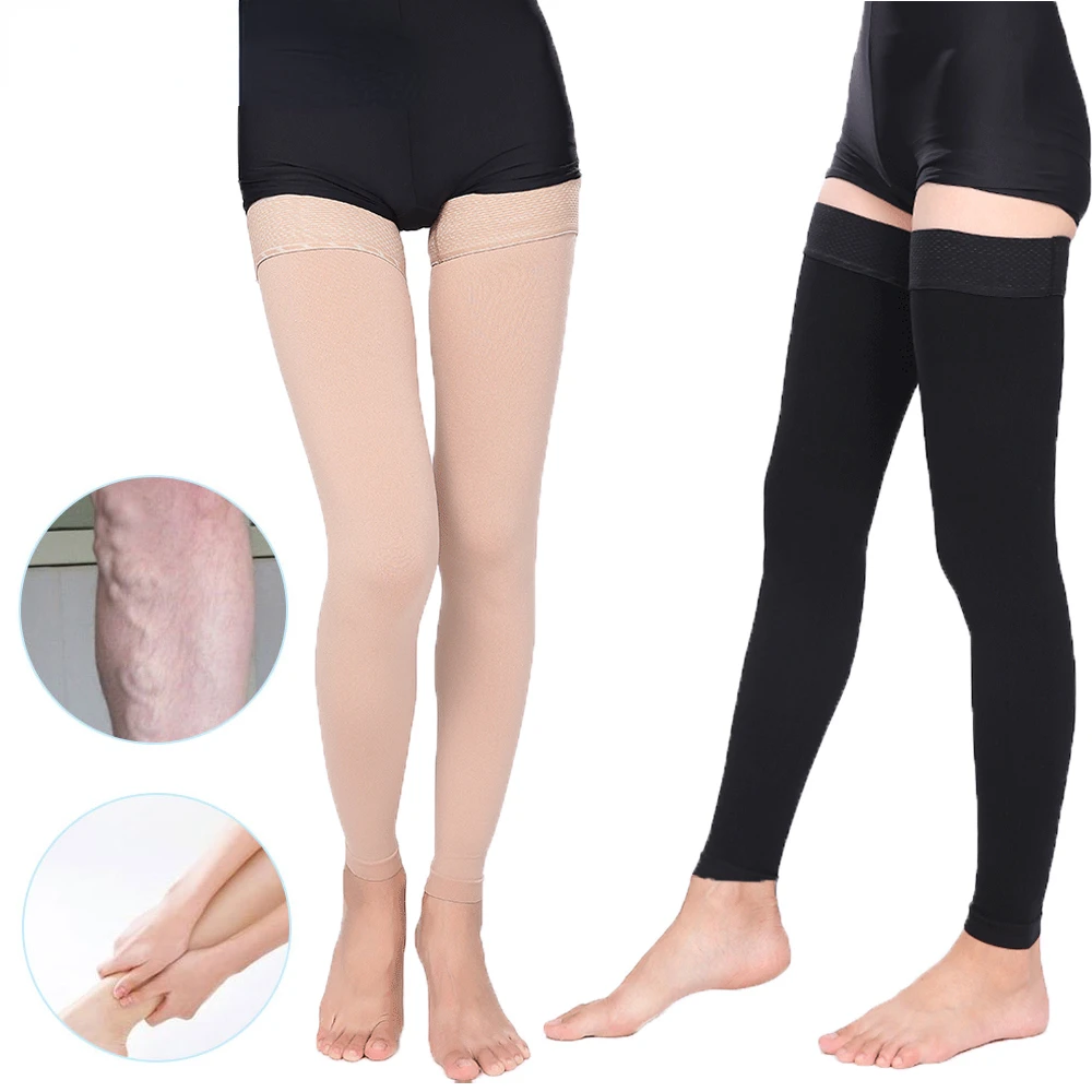 1Pair Thigh High Footless Compression Sleeves with Silicone Band for Women & Men, Firm 20-30 mmHg Leg Sleeves Graduated Support