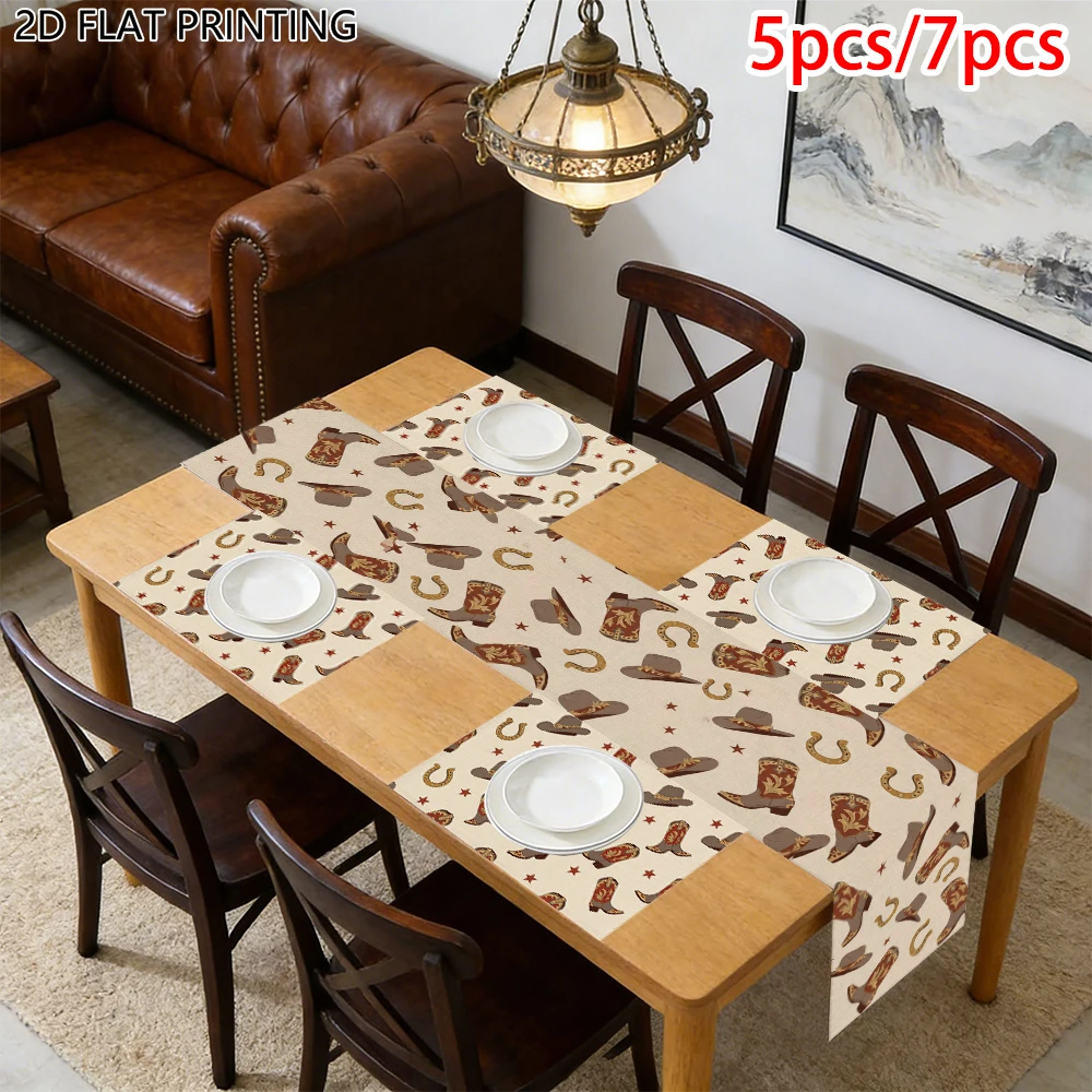 1pc Western Cowboy Boot And Hat Theme Table Runner And Placemat For Farmhouse Dining Room Party Table Decor