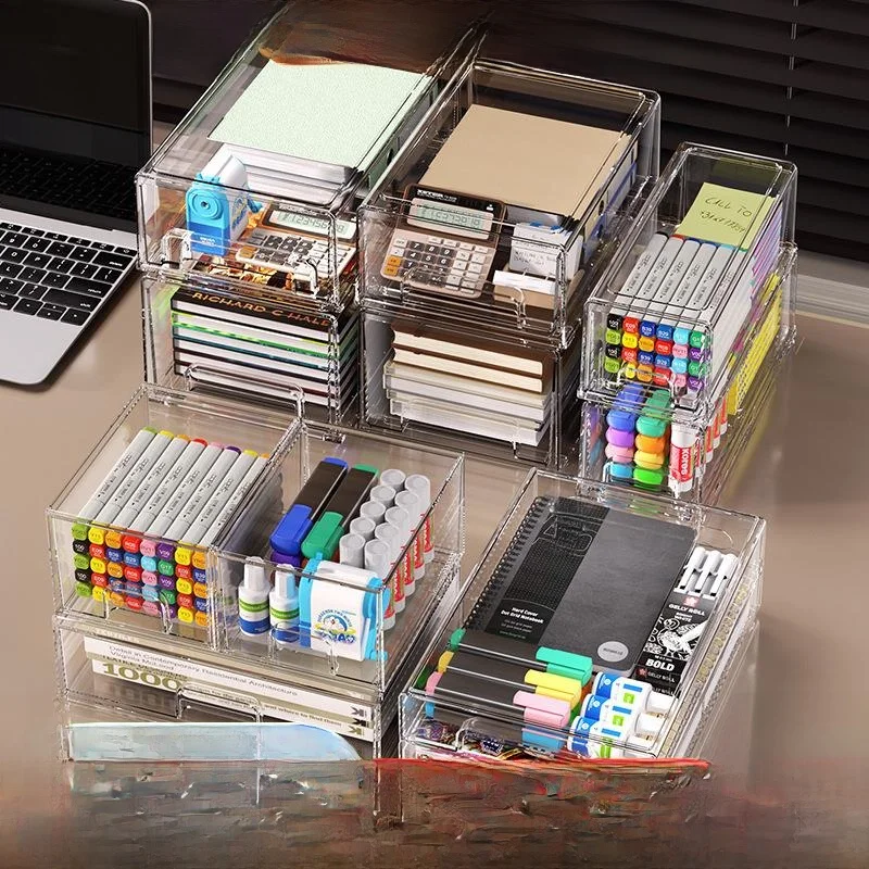 Acrylic Cosmetic Stationery Storage Box Pull-Out Drawer Style Transparent Organizer Desk Accessories Makeup Mask Holder