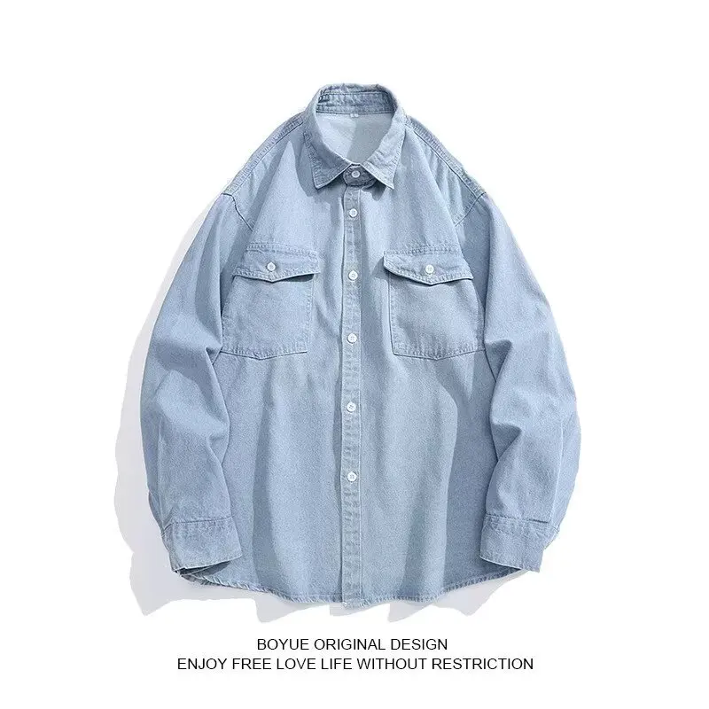 Men's Vintage Workwear Denim Shirt Men Korean Style Loose Fit Long Sleeve Top Men Button Down Shirt Jacket Street Outfits