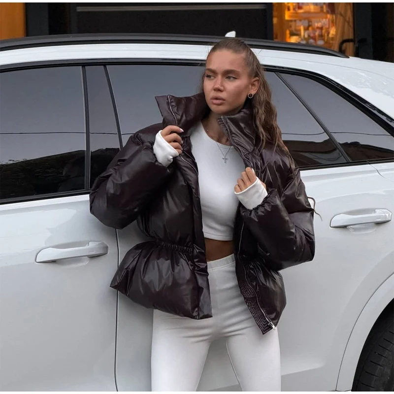 Women Shiny Stand Collar Puffer Jacket Waist Drawstring Zip Up Short Warm Winter New Chic Daily Casual Streetwear Outerwear 2026