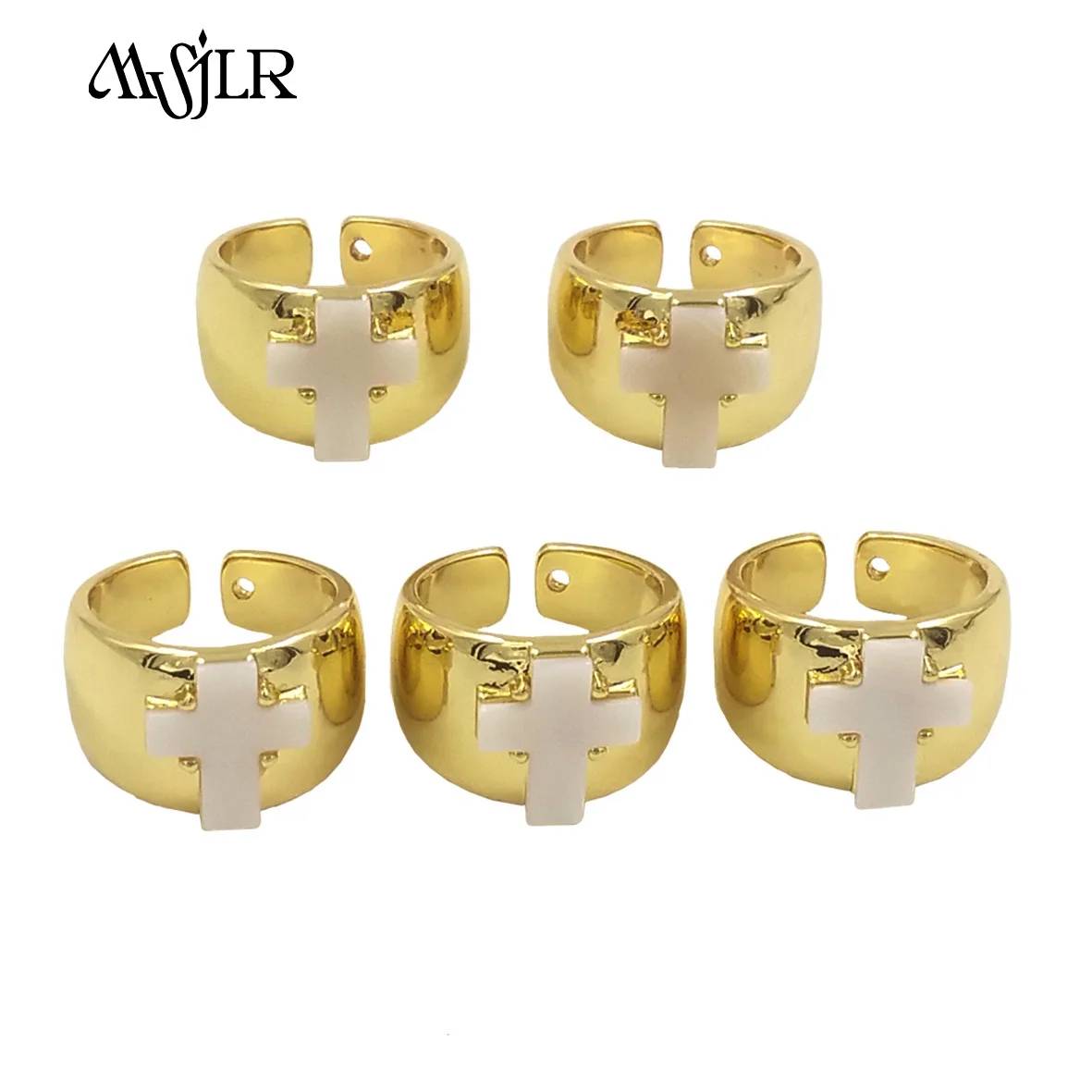 MVR087   2024 New Arrival Religious Retro Style Yellow Brass Cross Shaped Design Shell Ring Daily Wearing Accessories