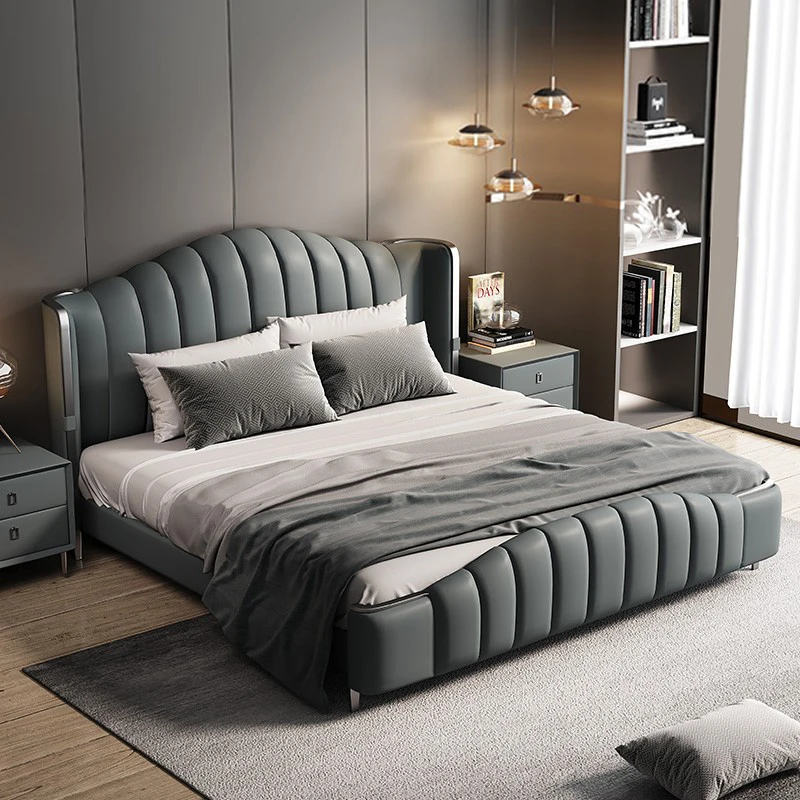 

Linlamlim Elegant Soft Double Bed Frame with Genuine Leather Headboard Contemporary Upholstered Bed Bedroom Furniture Dormitorio