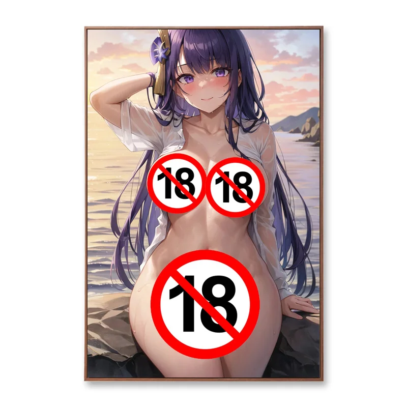 Anime Beach Sexy Bikini Girl Raiden Shogun Nude Woman Uncensored Posters Canvas Print Wall Art Home Decor Paintings No Frame