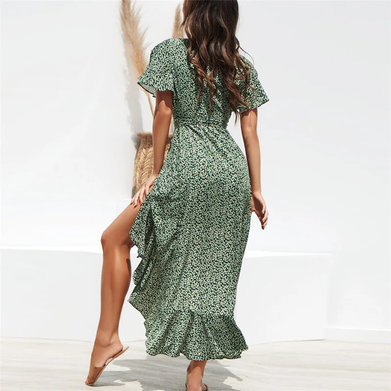 Abito lungo da spiaggia estivo Abito lungo da donna con stampa floreale Boho Abito lungo in chiffon con volant Avvolgente Abito da festa sexy con scollo a V diviso Robe Femme