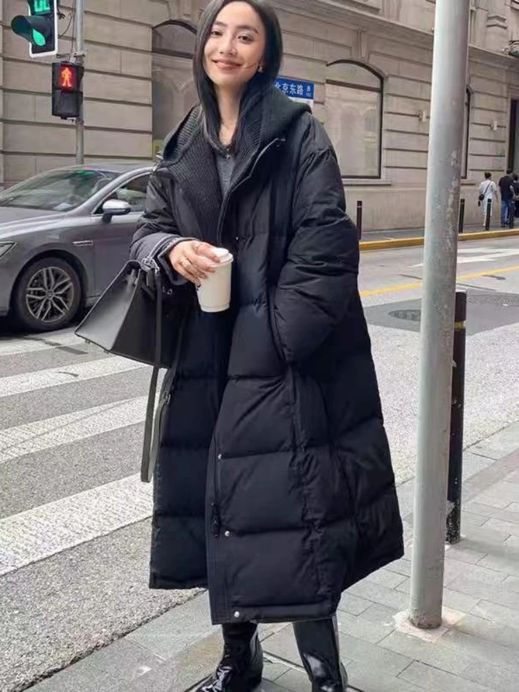 Winter Witte Eend Puffer Jas 2023 Nieuwe Gebreide Sjaal Lange Parka Vrouwen Koreaanse Verdikte Losse Warme Sneeuw Donsjack uitloper