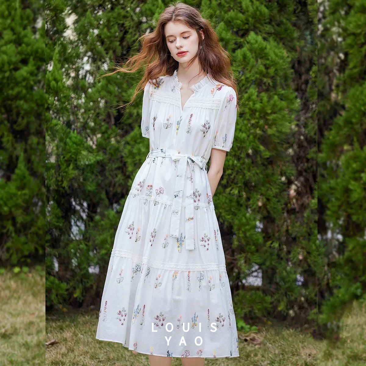 

LOUISYAO Pleated Hem Maxi Dress 2025 Summer Women Regular Shoulder Detachable Tie Lace Stand Collar Long Dress