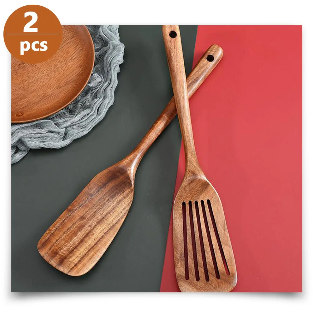 2Pcs Wooden Spatula Set Non-Stick Kitchen Utensil Heat-Resistant Long Handle Cooking Tool Creative Design Hanging Hole