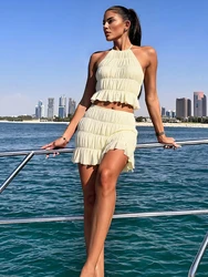 Nibber Ruched Sexy 2 Piece Set Women Y2K Thin Vacation Beach Style Backless Camisole+Mini Skirts Midnight Clubwear Outfits