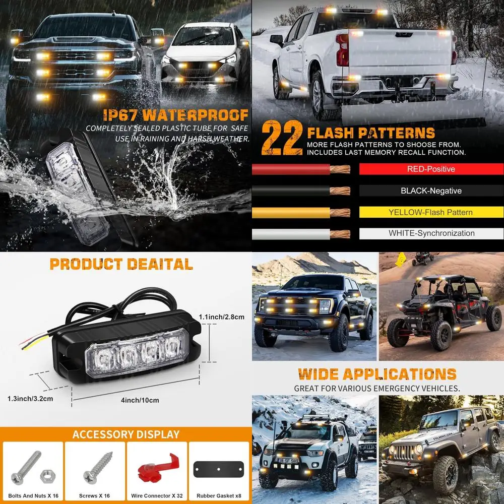 

32 LED Strobe Lights Amber & White for Tow Trucks, Construction Vehicles, ATV, UTV, and Jeeps