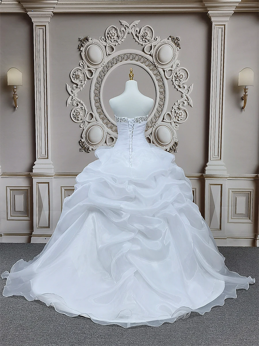 E JUE SHUNG szata de mariage biała Organza tanie sukienki ślubne zasznurować powrót Sweetheart ozdobiony paciorkami ślubny suknie vestido noiva