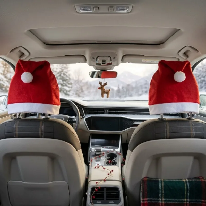 Christmas Santa Hat Car Non‑woven Headrest Cover Xmas Auto Seat Head Rest Protector Festive Interior Decoration for Most Car
