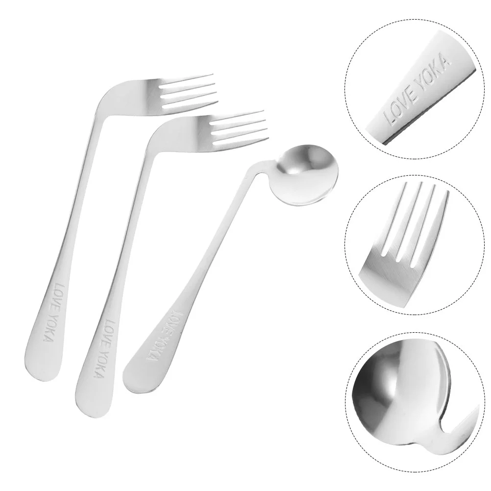 Stainless Steel Adaptive Utensil Left Handed Grip Easy Offset Spoon Fork Angled Curved Utensil Self Feeding Cutlery