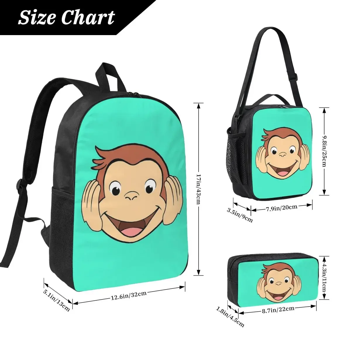 Curious George Backpack Student Boys Girls BookBag School Bag Laptop Shoulder Bags 3ps Insulated Lunch Bag Pencil Case