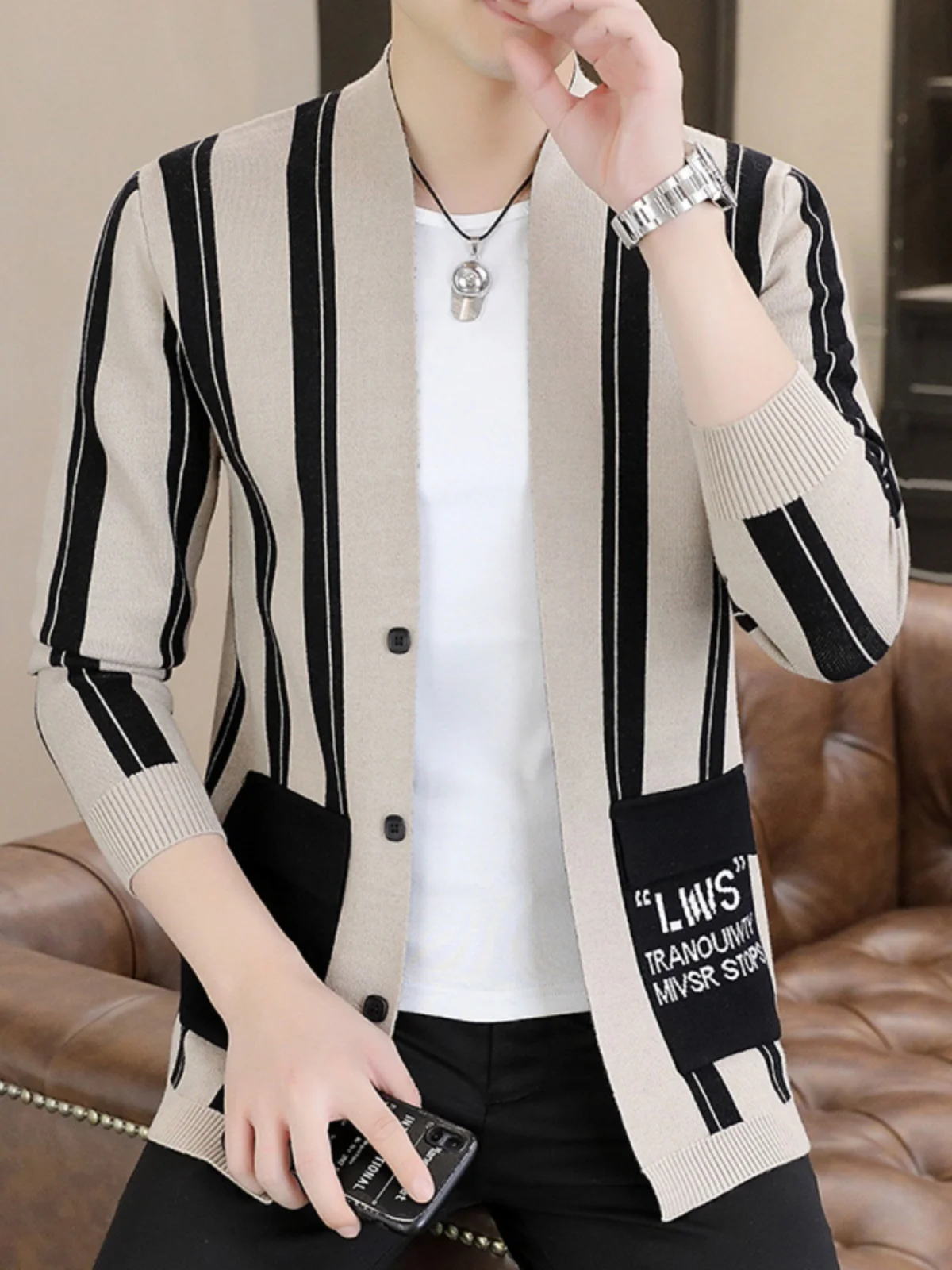 

Spring Autumn Men's Knitted Sweater Jaet Faionable Workwear with kets Vertical Stripes Cardigan Casual Straight Fit Lo...