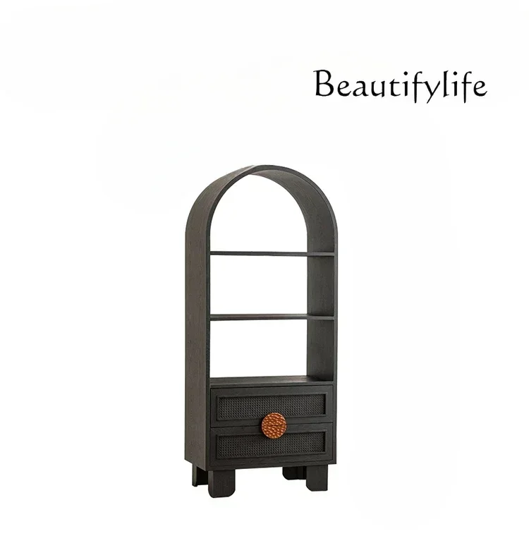 

Chinese retro arched integrated wall living room rattan display cabinet black display rack