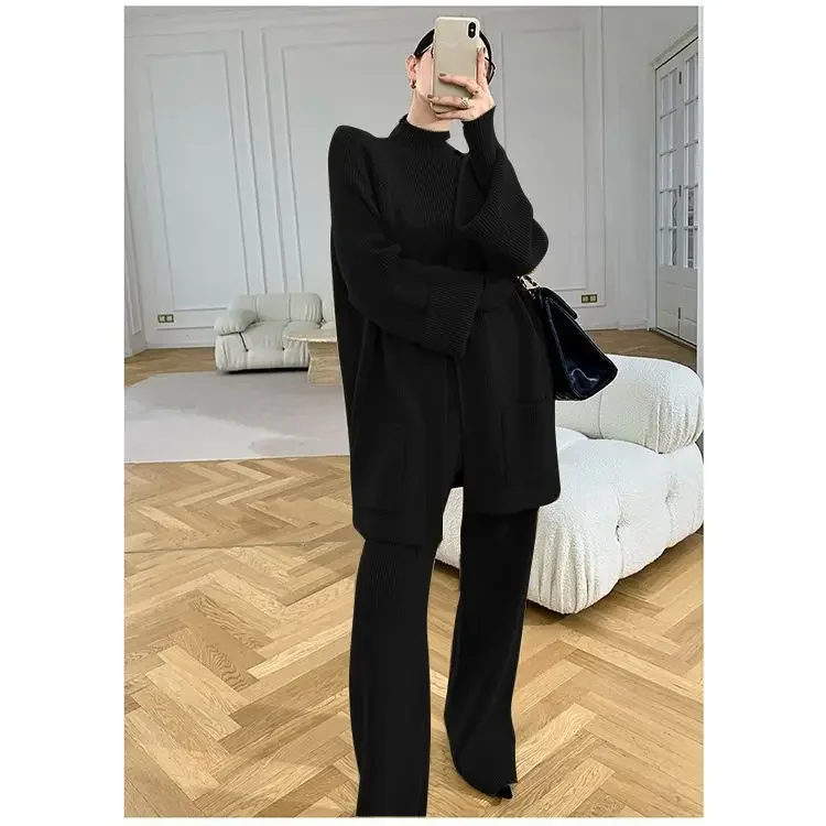 Knitting Suit Women Muslim 3 Piece Set Pullover Sweater Cardigan Pockets Lace Up Knitted Wide Leg Pants Outfits Casual Ensemble