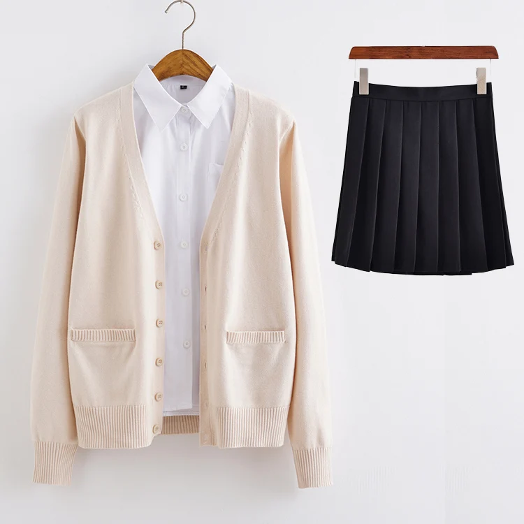 

Japan School Uniform Suit Set Almond Cardigan Sweater add solid white long sleeve Shirt add black Pleated Skirt DA066