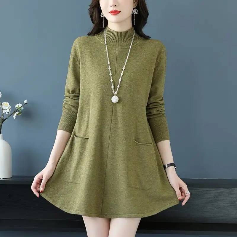 A-line Top Belly Covering Plus Size Half High Collar Base Shirt 2024 New Mid to Long Length Woolen Dress Women Autumn Winter