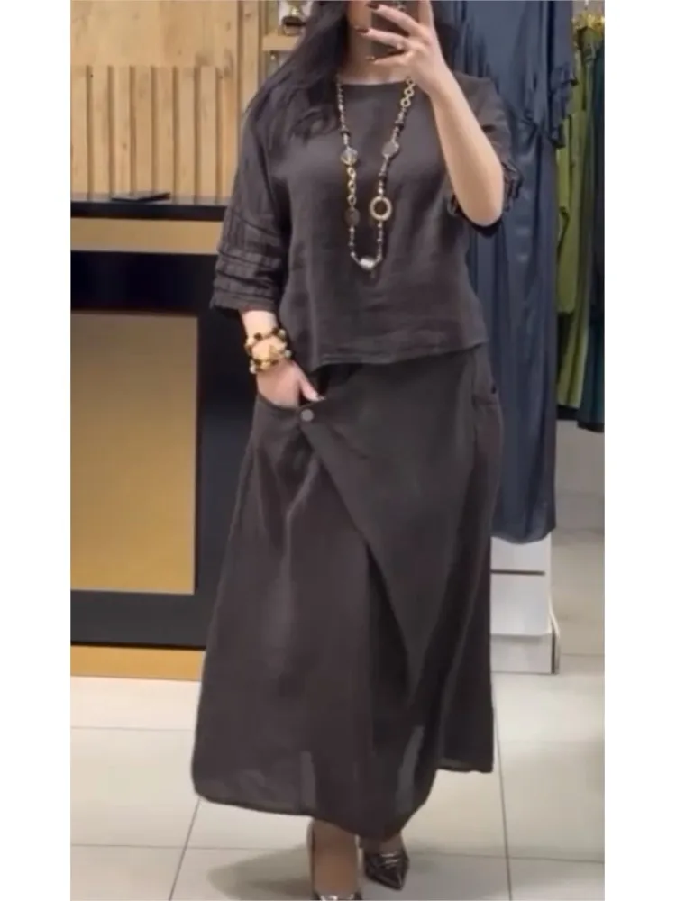 

Women's Cotton Linen Skirts Sets Casual Solid Color Loose Long Sleeve Tops Long Skirts Two-piece Suit Summer New Female Clothing