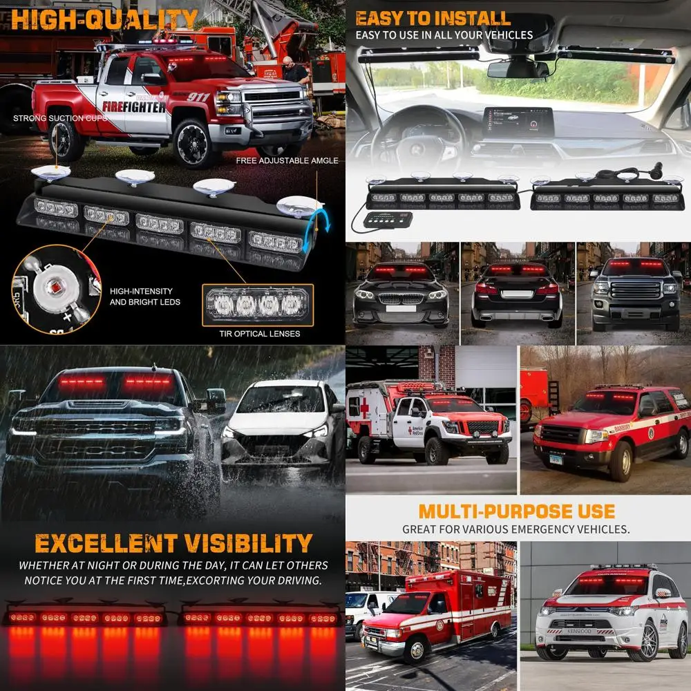 

40-LED 17 Red Emergency Light Bar for Dash/Visor - Front/Rear Windshield Strobes, Safety Warning Lights for Emergency Vehicles