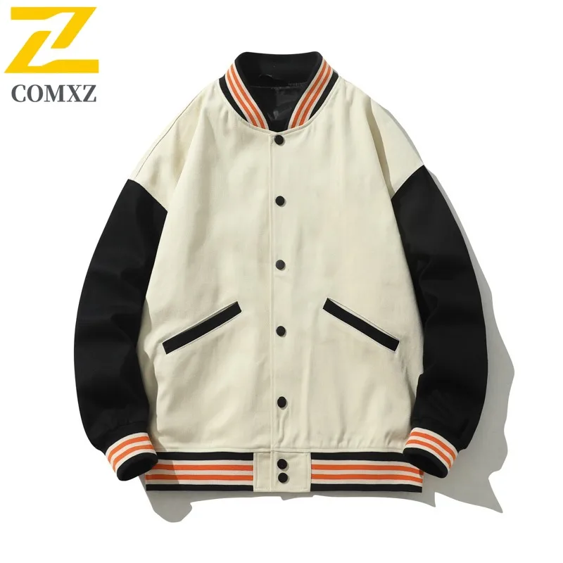 

COMXZ 2025 Men Pure Cotton Heavy Industry Embroidery Long Sleeve American Vintage Mens Baseball Jacket lightweight windbreaker