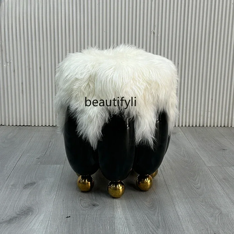 

smt03 ss new styelMinimalist Creative Bullet Plush Low Stool Modern Real Sheep Beach Fur Living Room Dressing Bench Shoe Change