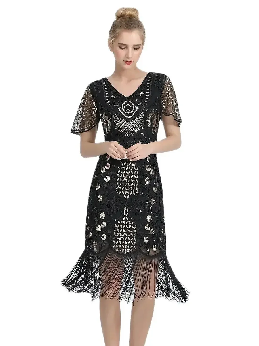 Sukienka z frędzlami, dekolt w kształcie litery V, rękaw w kształcie płatka, haftowana sukienka Midi, duży rozmiar 4XL, lata 20. Flapper Dress, cekiny, zroszony, impreza Great Gatsby