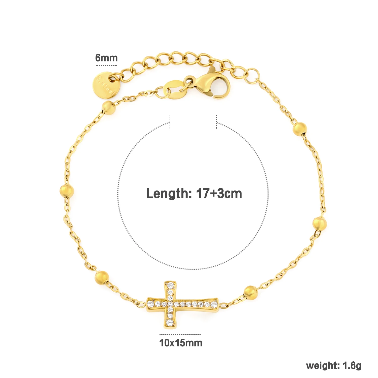 LUXUKISSKIDS Trendy Female Cross Shiny Cz Charm Bracelets Stainless Steel PVD Plated Religious Chic Simply Beaded Chain Jewelry