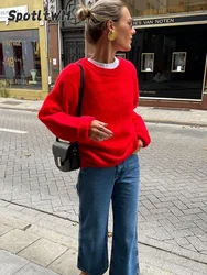 Suéter de malha vermelho solto feminino, gola redonda, manga comprida, pulôver de malha extragrande, suéteres de rua, moda feminina, outono