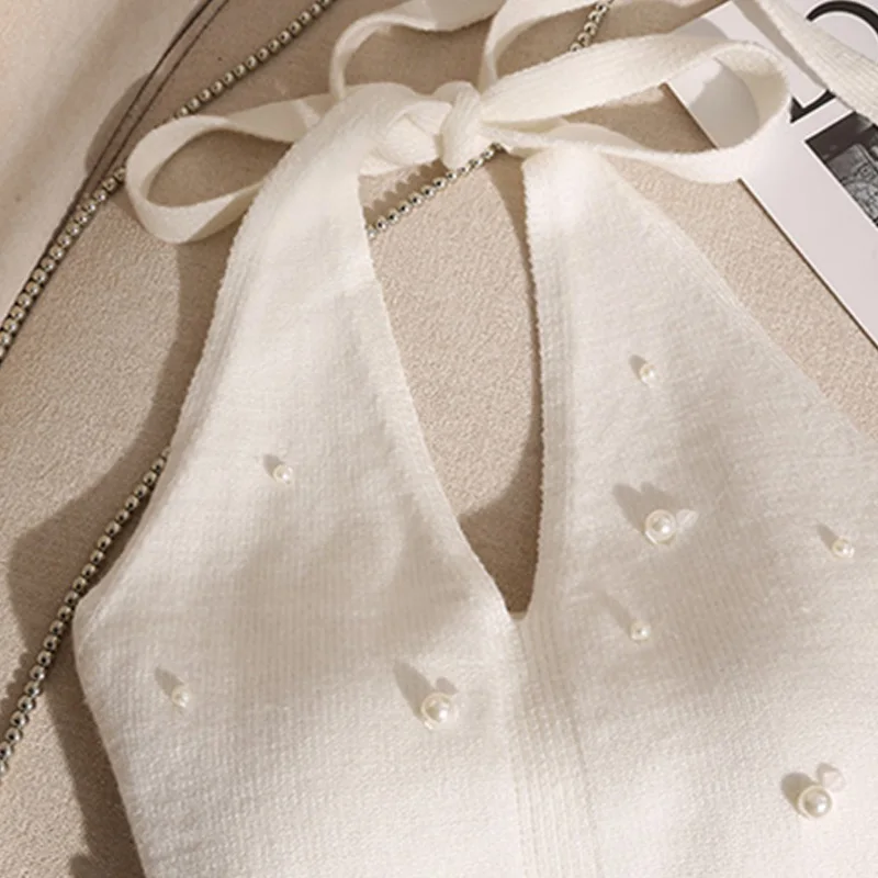 Modische französische Perlenweste mit Neckholder-Ausschnitt und Knoten am Rücken, gestrickt, für Damen – Detail 10