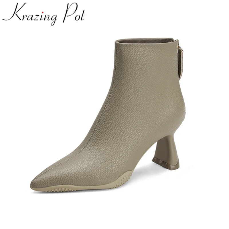 out of stock Cow Leather High Heels Pointed Toe Zipper Modern Boots Warm Winter Shoes Elegant Concise Solid Ankle Boots